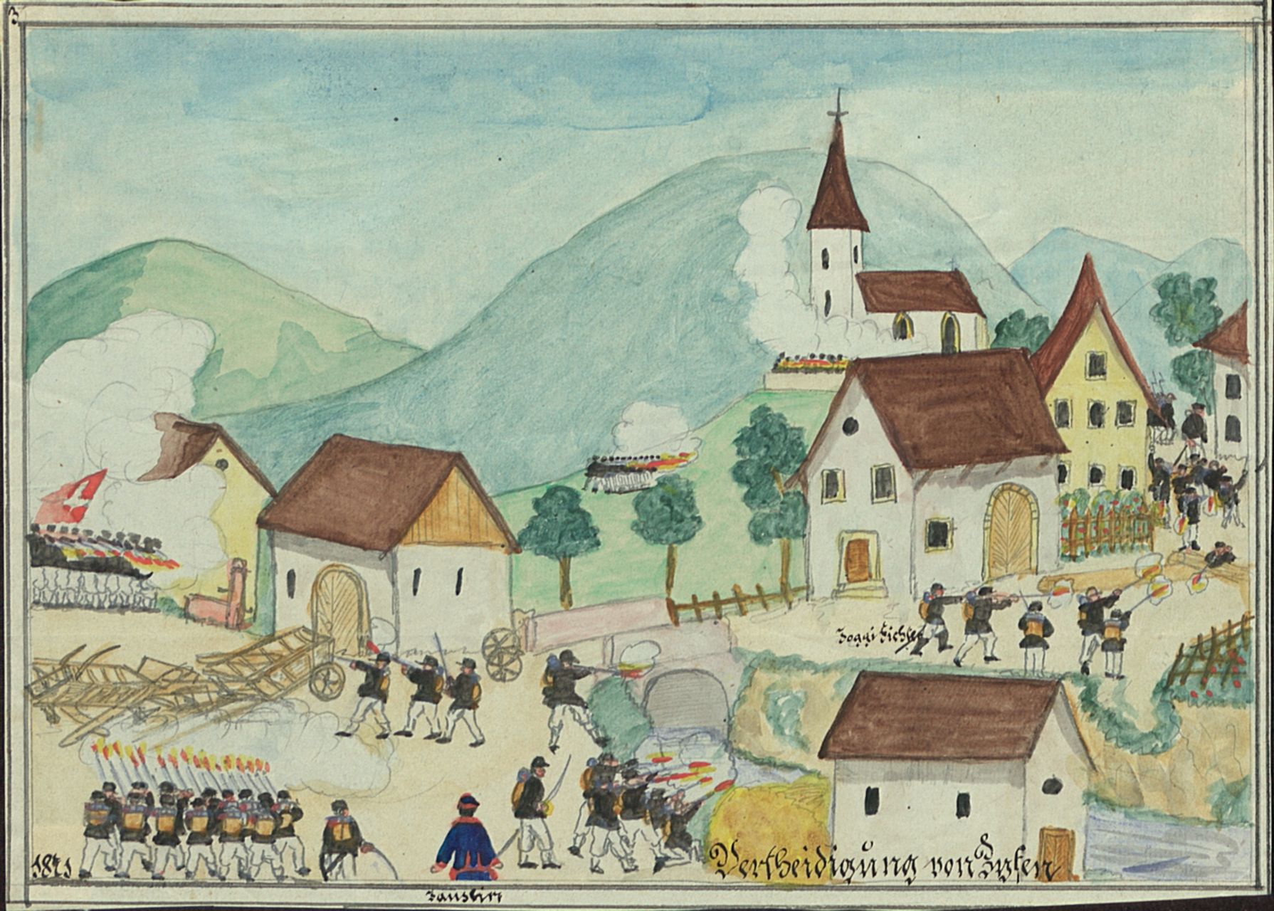 Anonymus - Malerei, Kadettenausmarsch 1871, Verteidigung von Ziefen