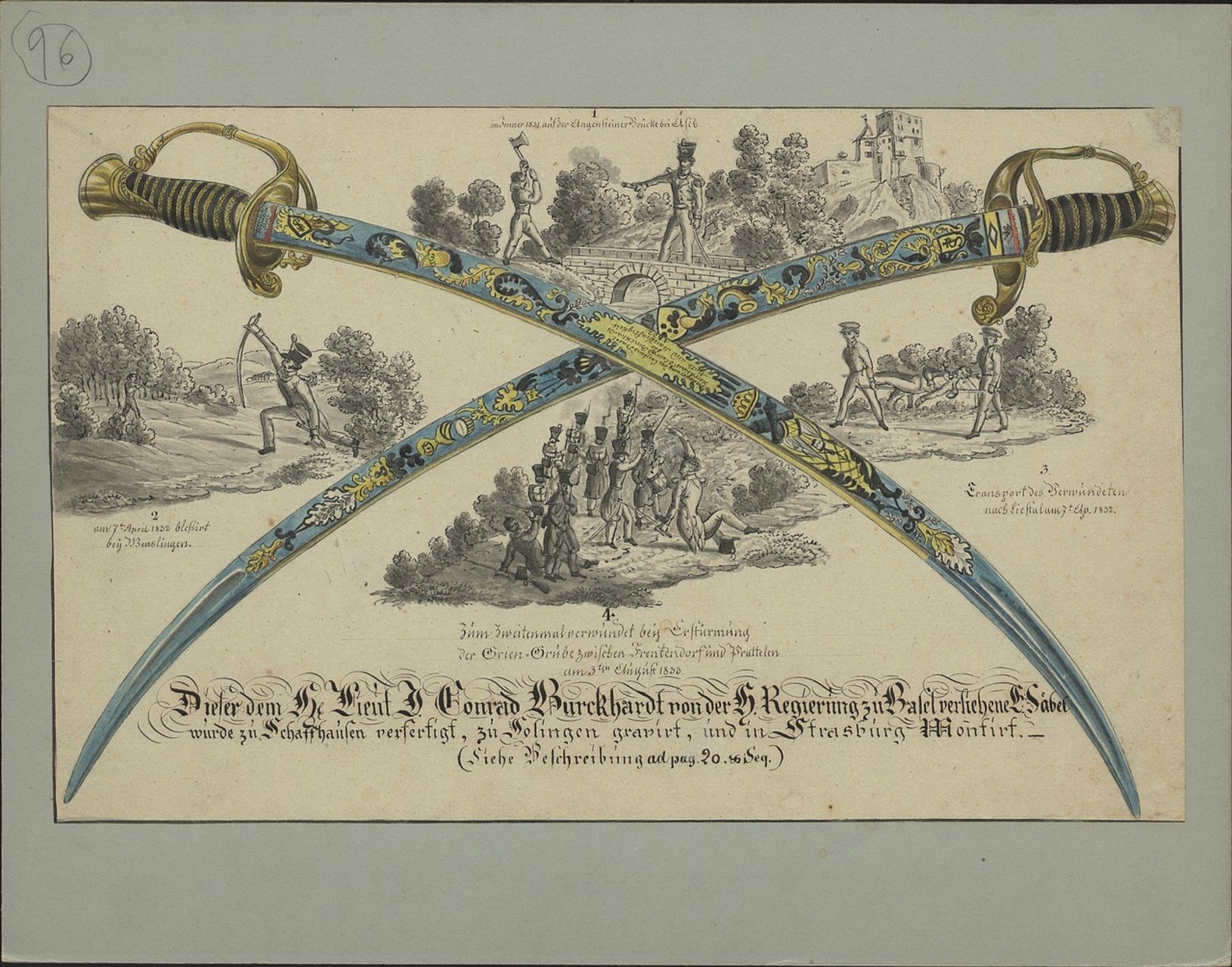Anonymus - Druckgrafik, Dieser dem Hr Lieut J. Conrad Burckhardt von der H. Regierung zu Basel verliehene E. Säbel ...