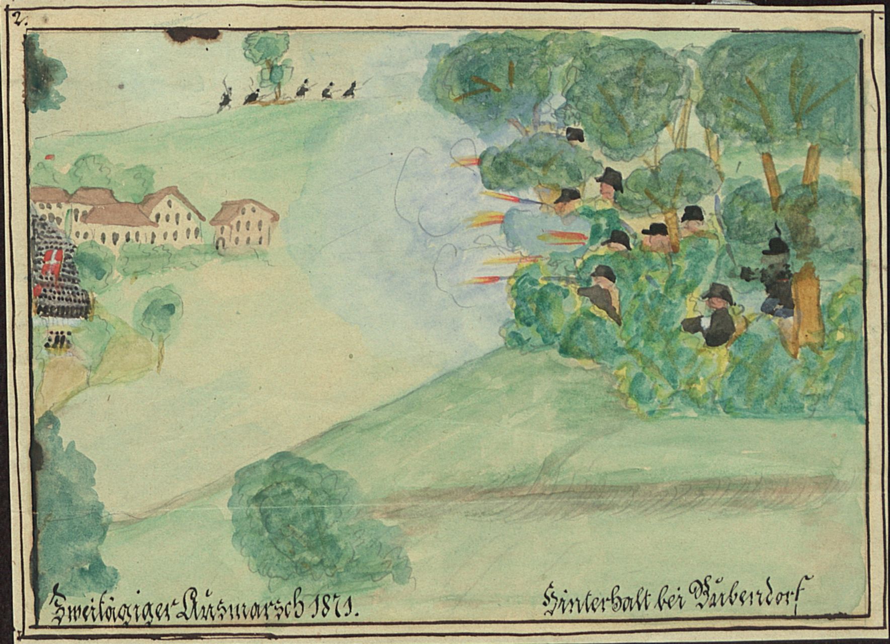 Anonymus - Malerei, Kadettenausmarsch 1871, Hinterhalt bei Bubendorf.