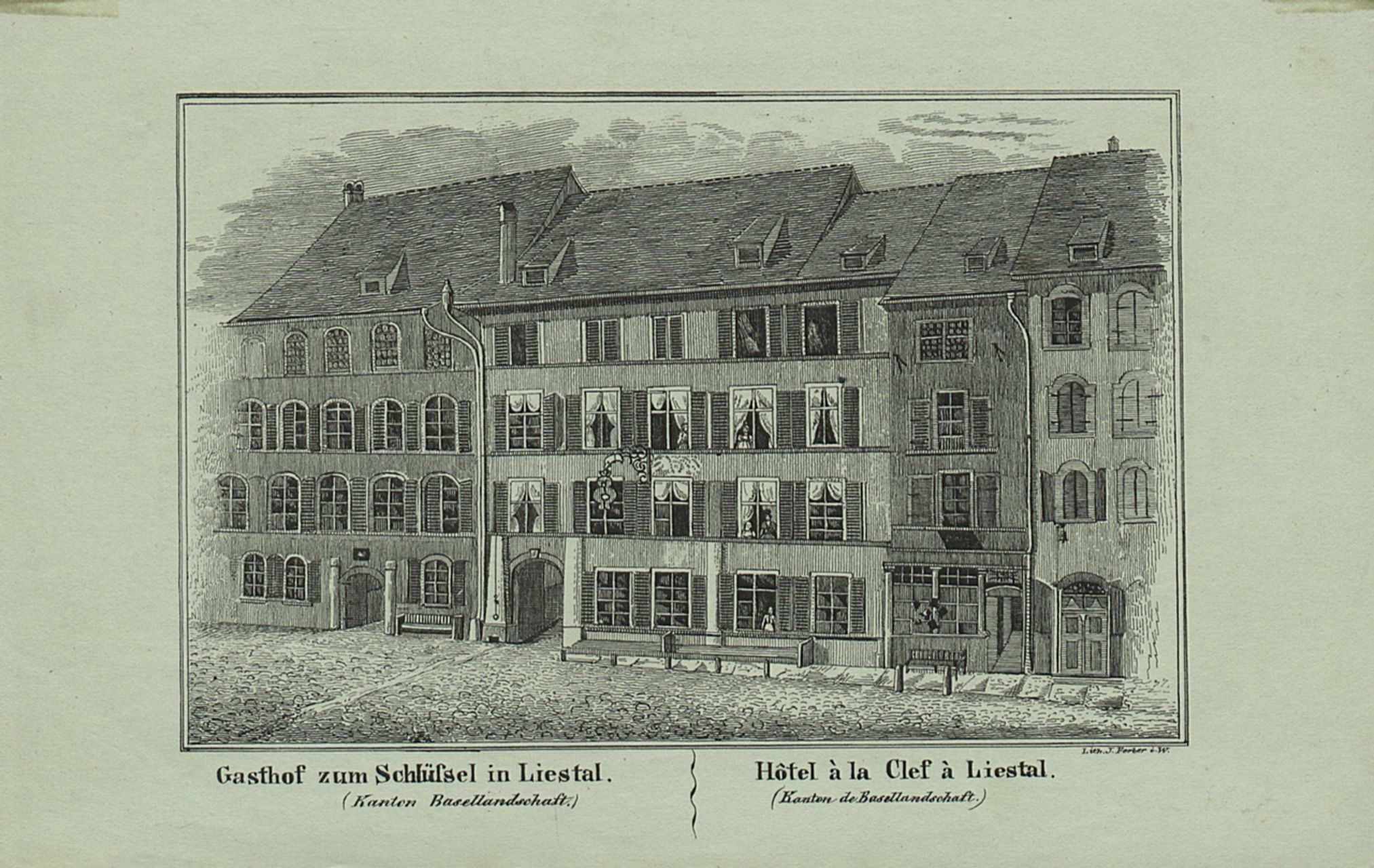 Ferber, J. - Druckgrafik, Gasthof zum Schlüssel in Liestal. Hôtel à la Clef à Liestal.