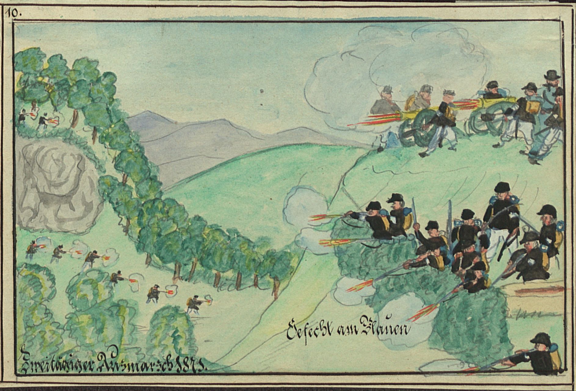 Anonymus - Malerei, Kadettenausmarsch 1871, Gefecht am Blauen