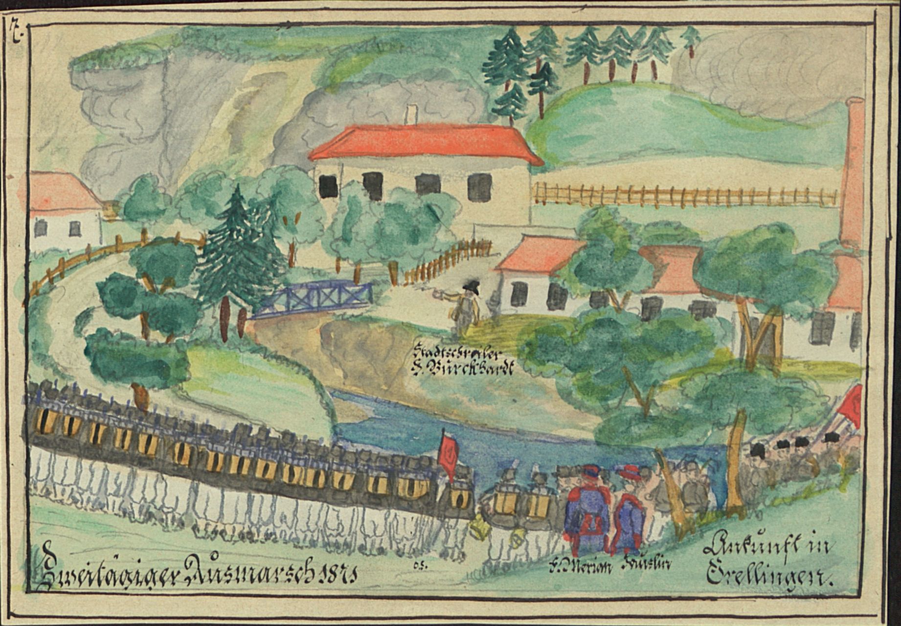 Anonymus - Malerei, Kadettenausmarsch 1871, Ankunft in Grellingen