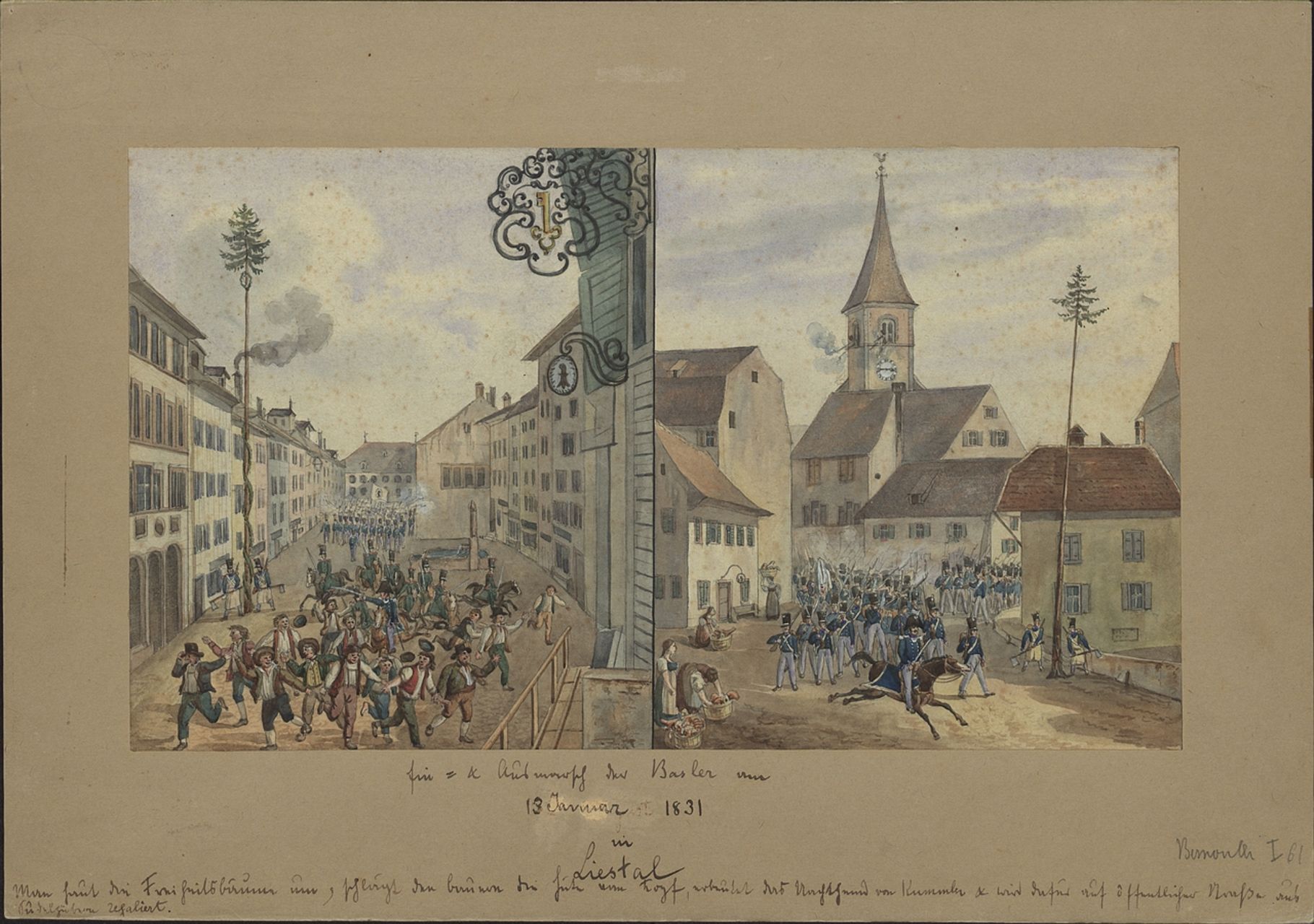 Anonymus - Malerei, Ein- und Ausmarsch der Basler am 13. Januar 1831 in Liestal
