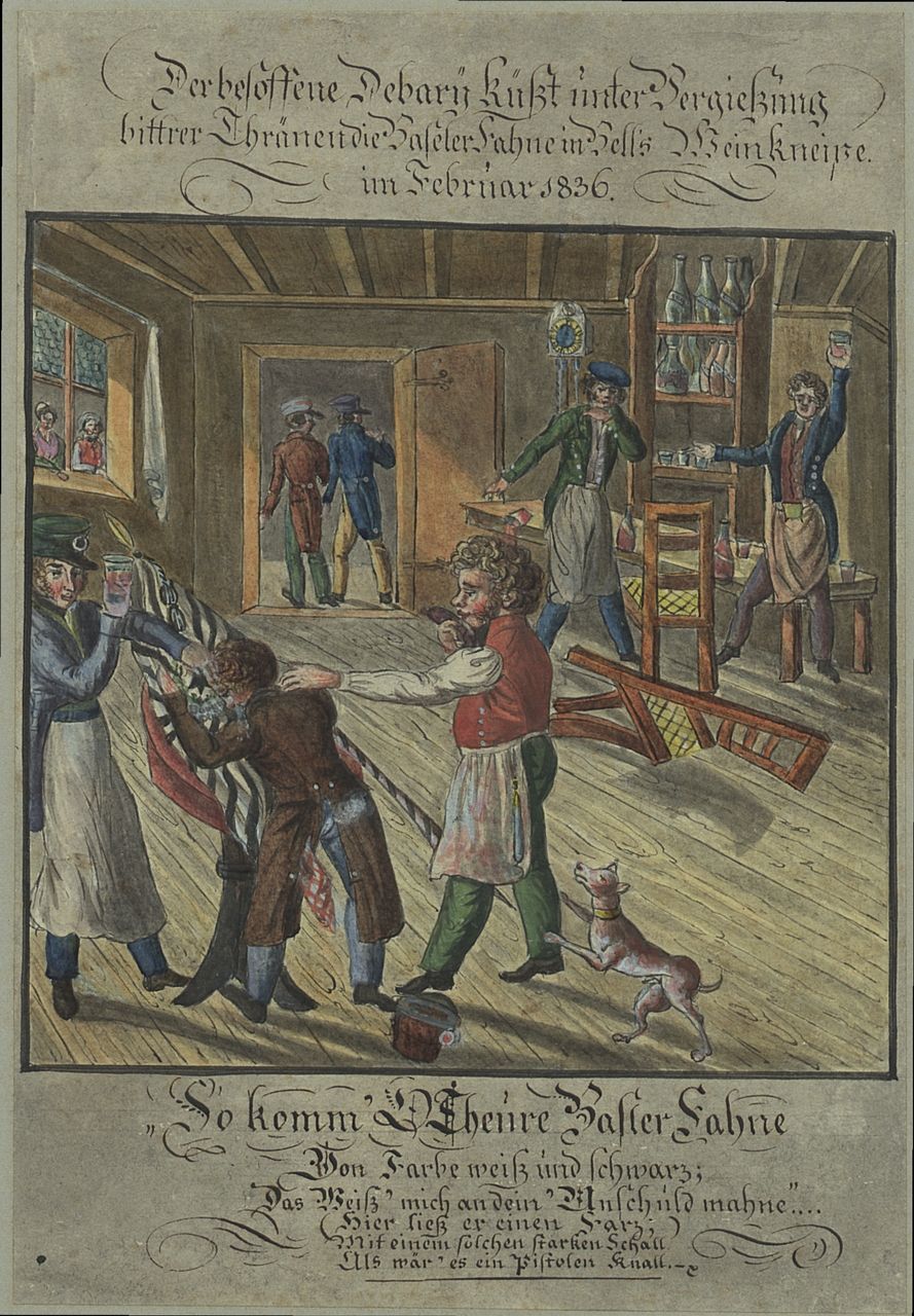 Toussaint, Peter - Malerei, Der besoffene Debary küsst unter Vergiessung bittrer Thränen die Baseler Fahne in Bells Weinkneipe im Februar 1836.