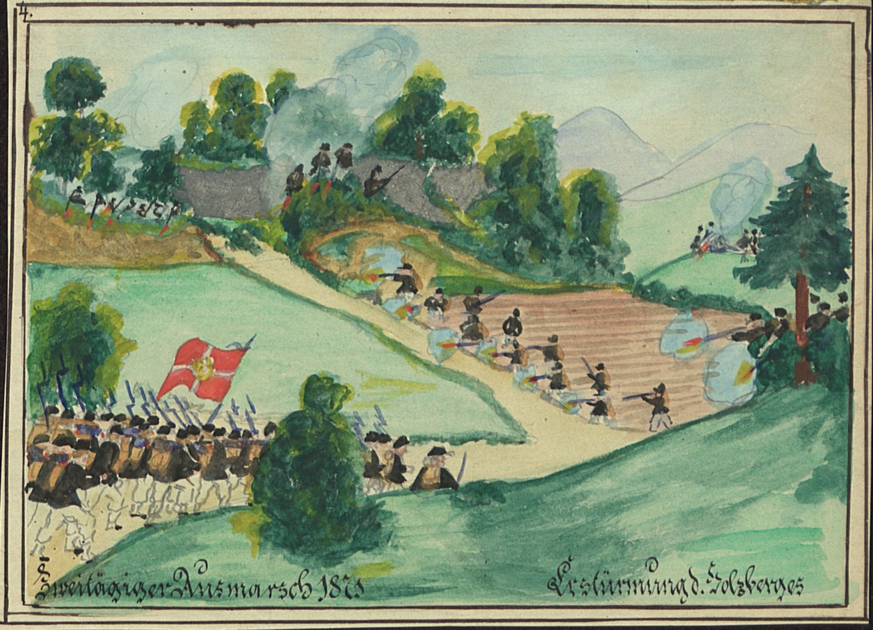 Anonymus - Malerei, Zweitägiger Ausmarsch 1871. Bestürmung d. Holzberges.