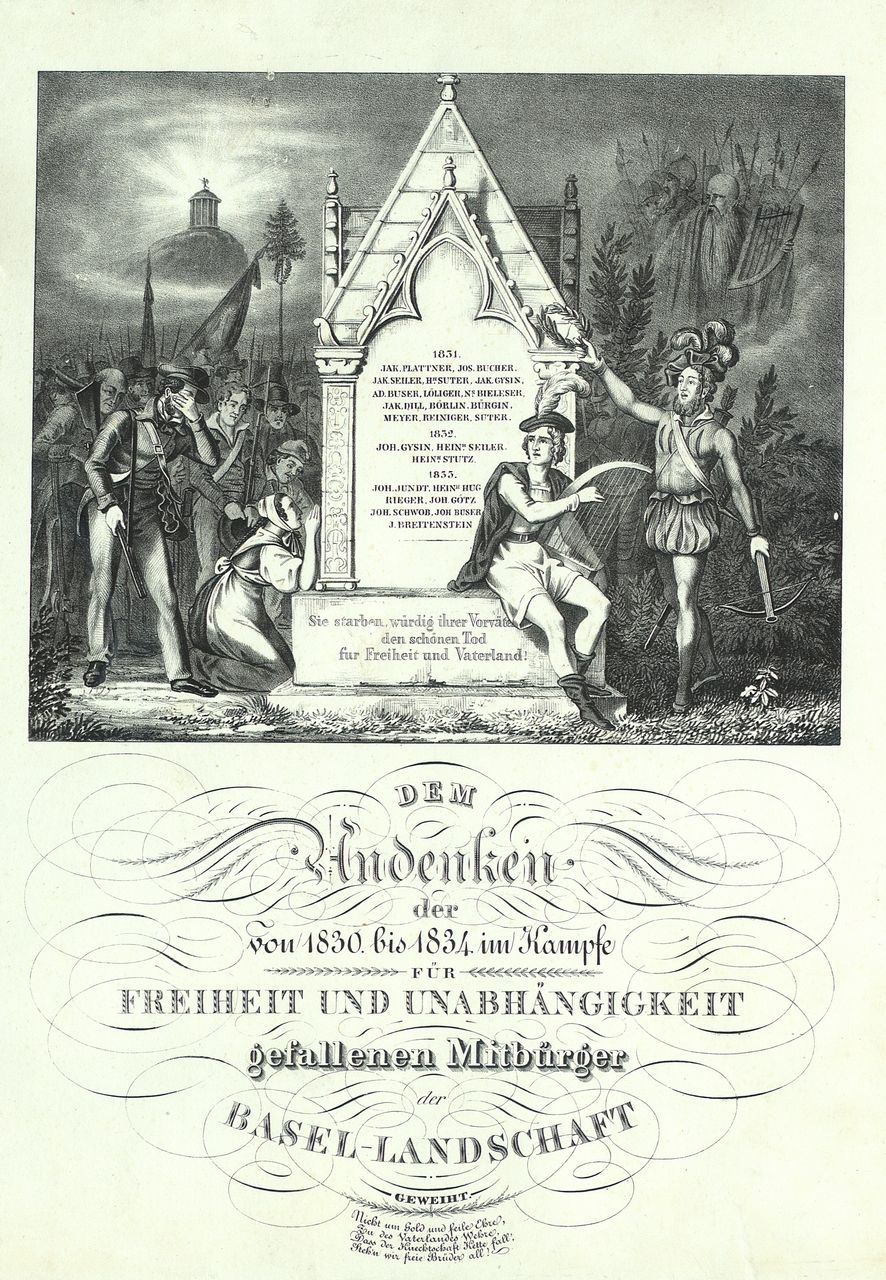 Anonymus - Druckgrafik, Dem Andenken der von 1830 bis 1834 im Kampfe für Freiheit und Unabhängigkeit gefallenen Mitbürger der Basel-Landschaft geweiht.