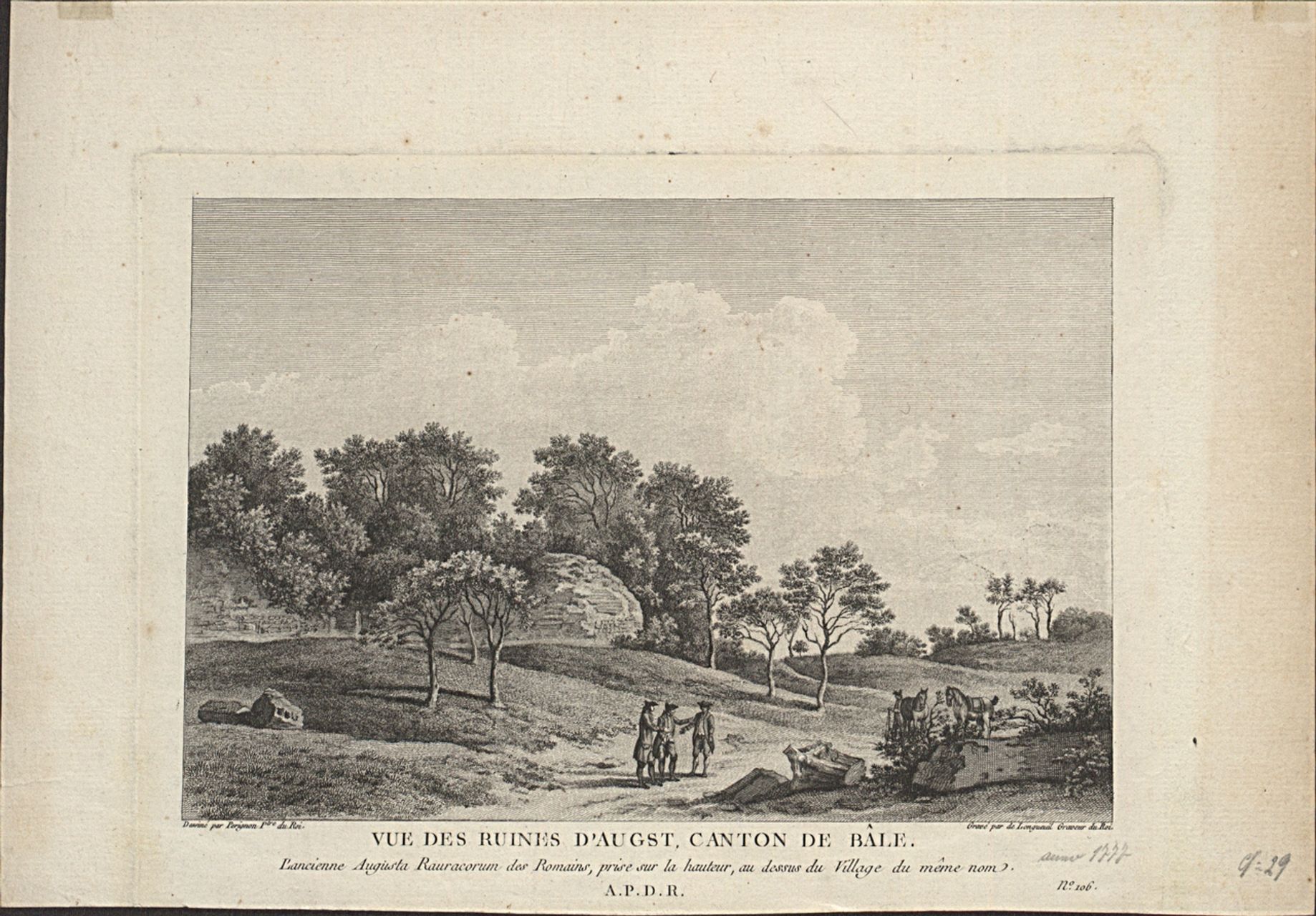 De Longueuil - Druckgrafik, Vue des ruines d'Augst, Canton de Bâle.