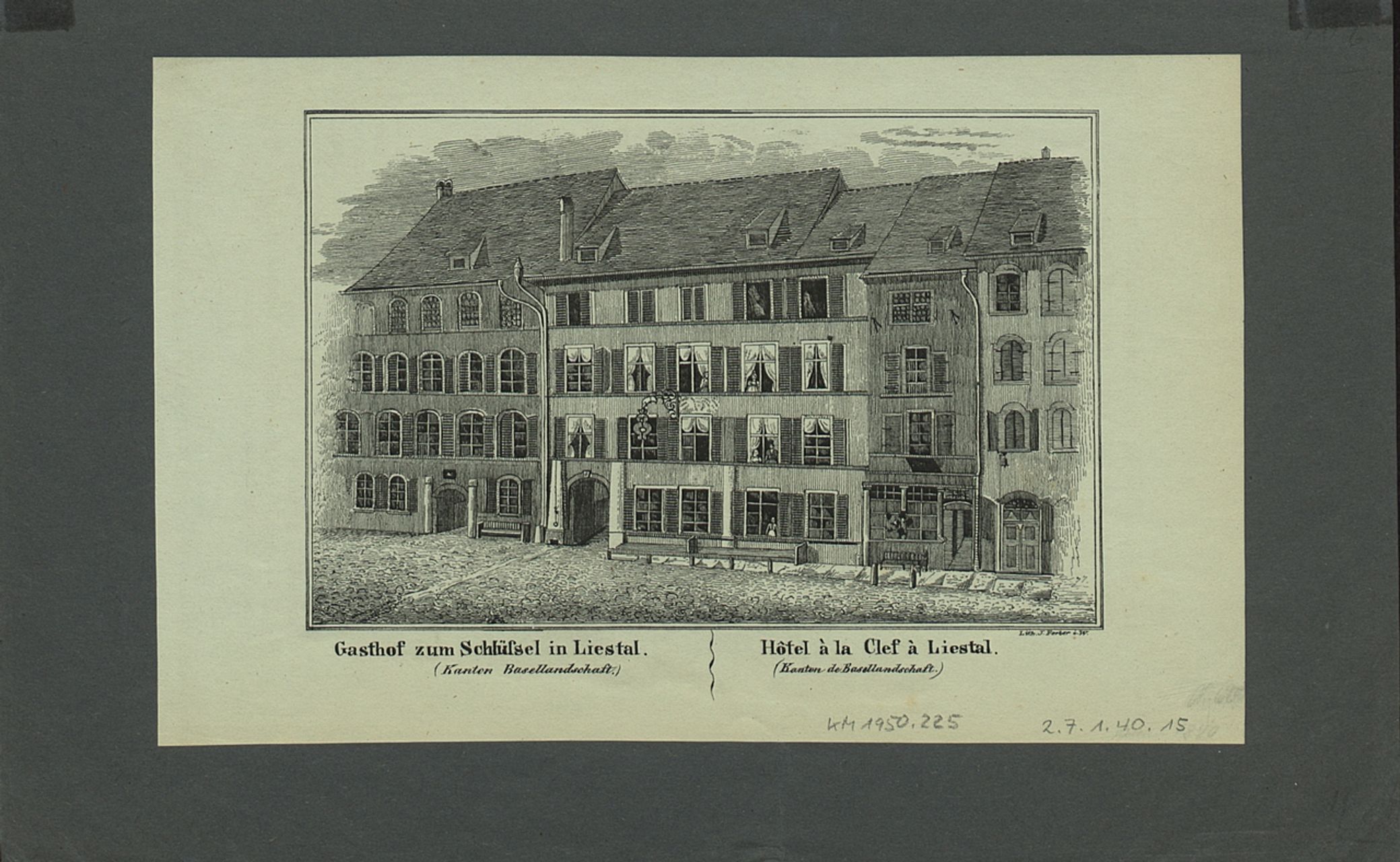 Ferber, J. - Druckgrafik, Gasthof zum Schlüssel in Liestal. Hôtel à la Clef à Liestal.