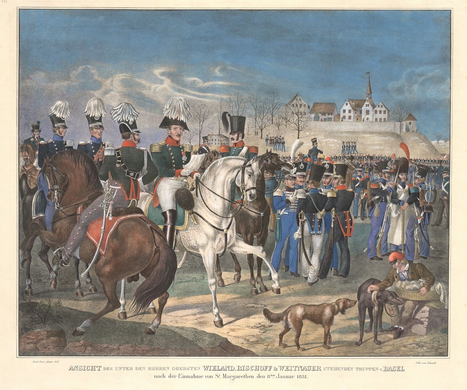 Schmidt - Druckgrafik, Ansicht des unter den Herren Obersten Wieland, Bischoff & Weitnauer stehenden Truppen von Basel nach der Einnahme von St. Margarethen den 8.ten Januar 1831.