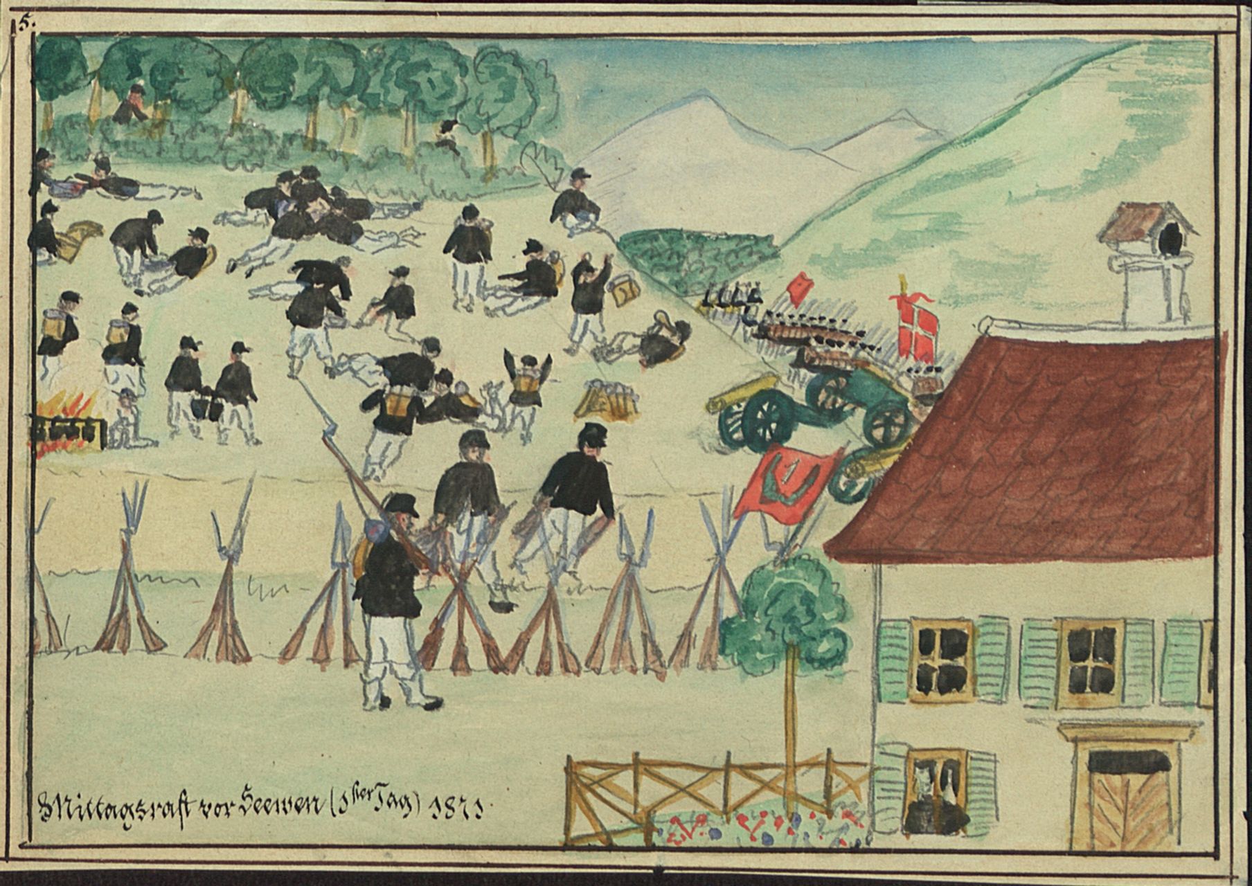Anonymus - Malerei, Kadettenausmarsch 1871, Mittagsrast vor Seewen