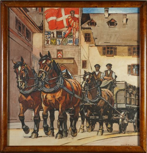 Malerei, Pferdegespann der Brauerei vor dem Tor in Liestal