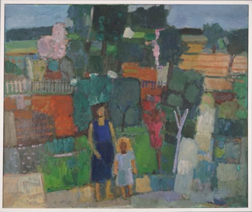 Düblin, Jacques - Malerei, Spaziergang / Frau und Kind in Garten