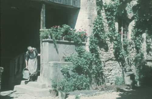 Fotografie, Nusshof, Frau Fricker auf Eingangstreppe zu ihrem Haus