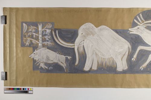 Eglin, Walter - Malerei, Entwurfszeichnung Wandbild Realschule Hofmatt, Gelterkinden (Prähistorische Jagd)