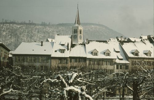 Fotografie, Liestal vom Postplatz (Bahnhofplatz) aus, Winter
