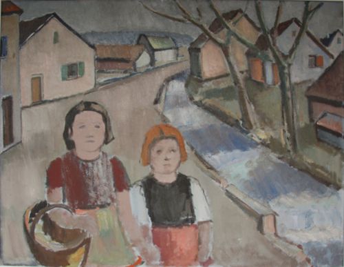 Fiechter, Arnold - Malerei, Dorfszene i/Elsass, Bachgraben