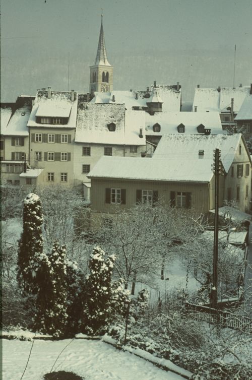Fotografie, Liestal, Altstadt vom Postplatz (Bahnhofplatz) aus, Winter