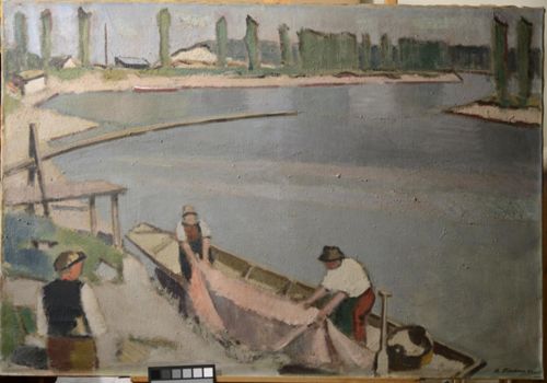 Fiechter, Arnold - Malerei, Rheinlandschaft mit Galgen und Fischer