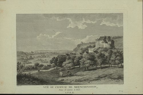Helmann - Druckgrafik, Vue du Château de Moenchenstein, dans le canton de Bâle