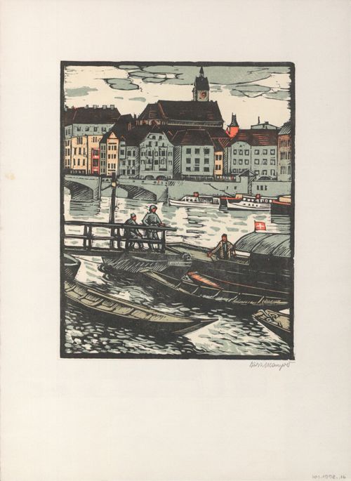 Mangold, Burkhard - Druckgrafik, Stadtansicht Basel, Rheinufer