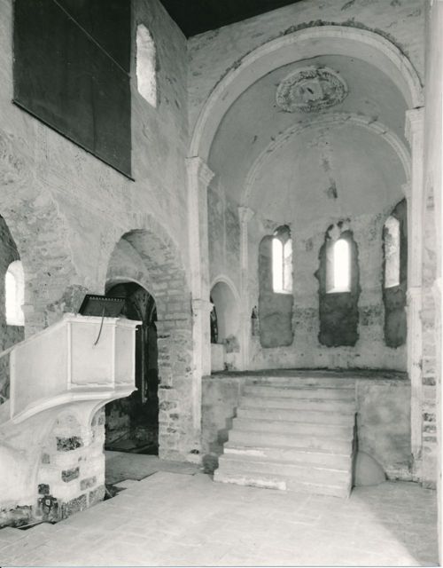 Fotografie, Schlosskirche Spiez, vor/während Innenrestauration von Chor und Kanzel
