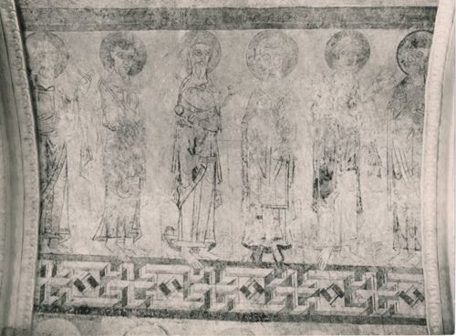 Fotografie, Schlosskirche Spiez, Malerei an der Tonnenwölbung des Chorjochs Südseite, Apostel, nach der Restaurierung