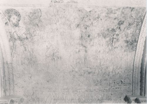 Fotografie, Schlosskirche Spiez, Malerei an der Tonnenwölbung des Chorjochs Nordseite, Apostel, vor und nach der Restaurierung