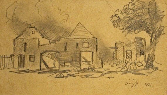 Karl Jauslin (1842-1904) - Zeichnung, Abgebranntes Gehöft in Augst (?)