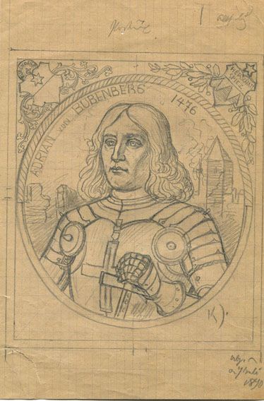 Karl Jauslin (1842-1904) - Entwürfe, Druckvorlagen, Portrait des Adrian von Bubenberg / Brief