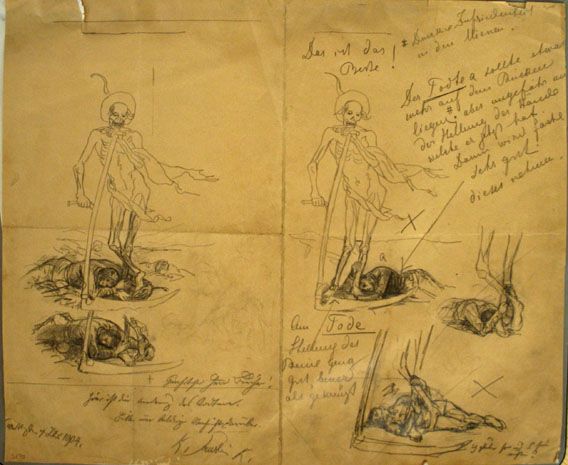 Karl Jauslin (1842-1904) - Zeichnung, Der Tod auf dem Schlachtfeldverschiedene Skizzen mit Kommentar