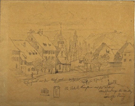 Karl Jauslin (1842-1904) - Zeichnung, St. Jakob an der Birs; Römerburg / Schlachtfeld von St. Jakob; Pfeffingen