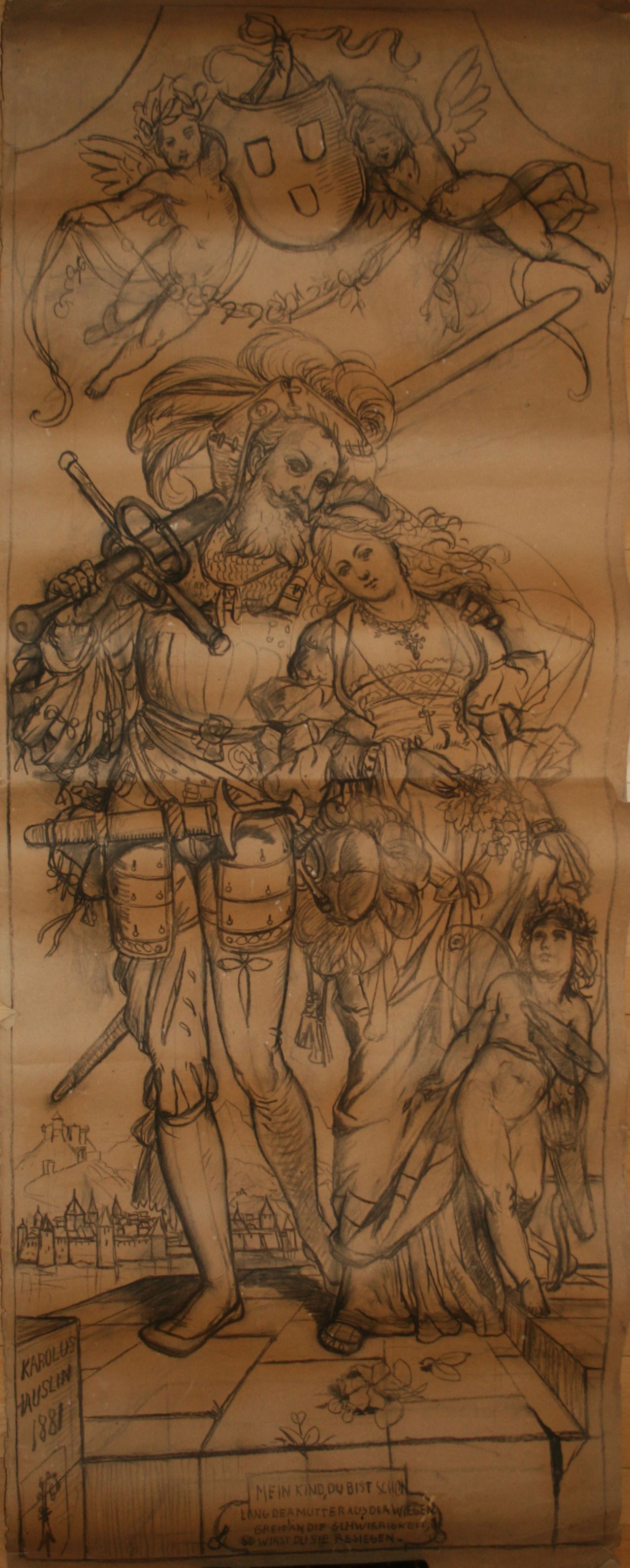 Karl Jauslin (1842-1904) - Zeichnung, Landsknecht mit junger Frau und Armor