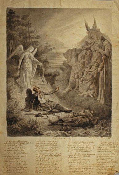 Karl Jauslin (1842-1904) - Zeichnung, Vision eines sterbenden Soldaten "Ans Vaterland"