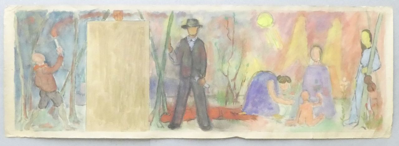 Hans Jauslin (1909-1958) - Zeichnung, Vorzeichnung: Wandbild Gemeindeverwaltung
