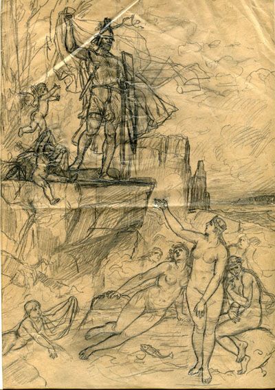 Karl Jauslin (1842-1904) - Zeichnung, Nibelungensage: Hagen und die Wasserjungfrauen