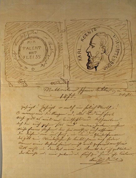 Karl Jauslin (1842-1904) - Zeichnung, Auszeichnung 1871: Gedicht und Skizze der Medaille