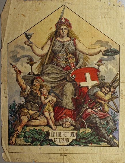 Karl Jauslin (1842-1904) - Zeichnung, Helvetia, Tell und Winkelried. Dekorationsentwurf für das Schützenfest Olten 1880.