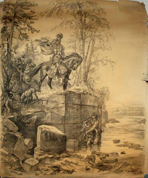 Karl Jauslin (1842-1904) - Zeichnung, Römische Häscher suchen germanischen Knaben