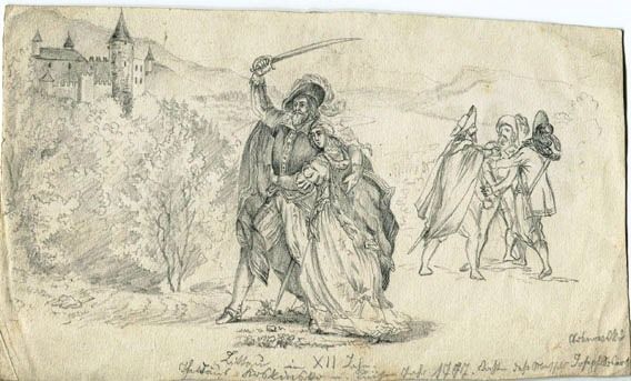 Karl Jauslin (1842-1904) - Zeichnung, „Taddäus Kosciuszko und Luise auf der Flucht" / Notizen (Werkliste?)