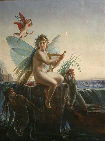 Karl Jauslin (1842-1904) - Malerei, Harfe spielende Elfe
