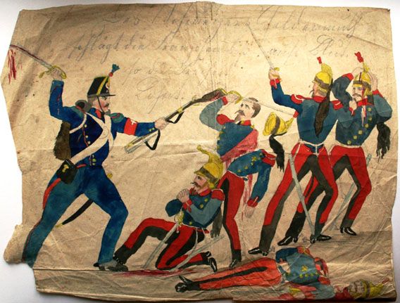 Karl Jauslin (1842-1904) - Zeichnung, "Des Schweizers Heldenmuth" / Vorgedruckter Rapportbogen