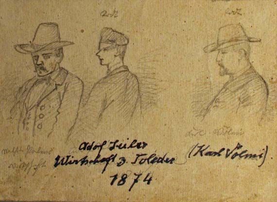 Karl Jauslin (1842-1904) - Skizzen, Studien, 3 Portrait-Skizzen: ... Palmer, Adolf Seiler, Kurt Völmi