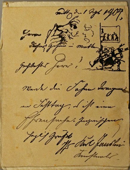 Karl Jauslin (1842-1904) - Korrespondenz, Brief an Lehrer Gisin, Skizze Bauernkriegsfahne, Karikatur