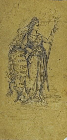 Karl Jauslin (1842-1904) - Zeichnung, Helvetia mit Fackel und Schriftrolle