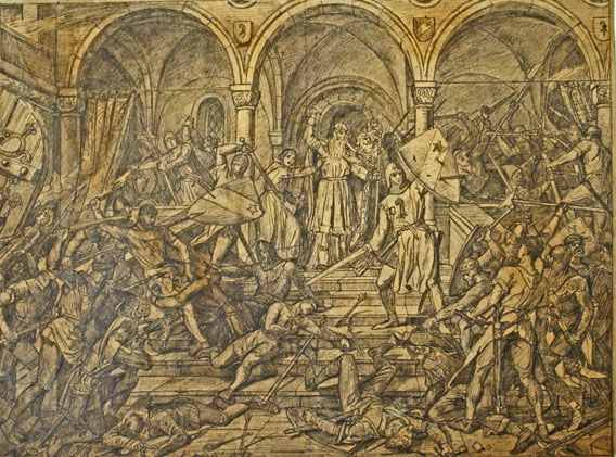 Karl Jauslin (1842-1904) - Zeichnung, Die Erstürmung des bischöflichen Palastes in Basel 1447