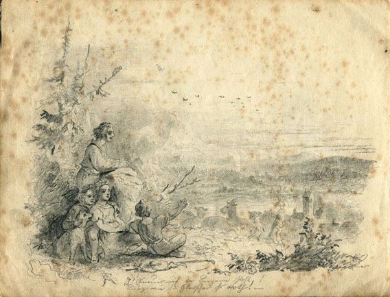 Karl Jauslin (1842-1904) - Zeichnung, „Lueget, vo Bärge und Tal“ / Skizze: Figurengruppe